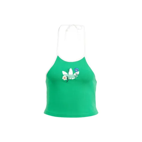 Adidas Originals Fashion Graphics Floral Halter Neck Top Crop Tops Women's Green
