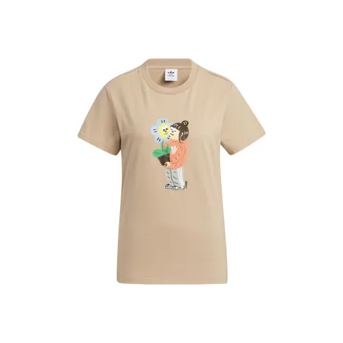 Adidas Originals Set in Sleeve T Shirt Women's Khaki Brown