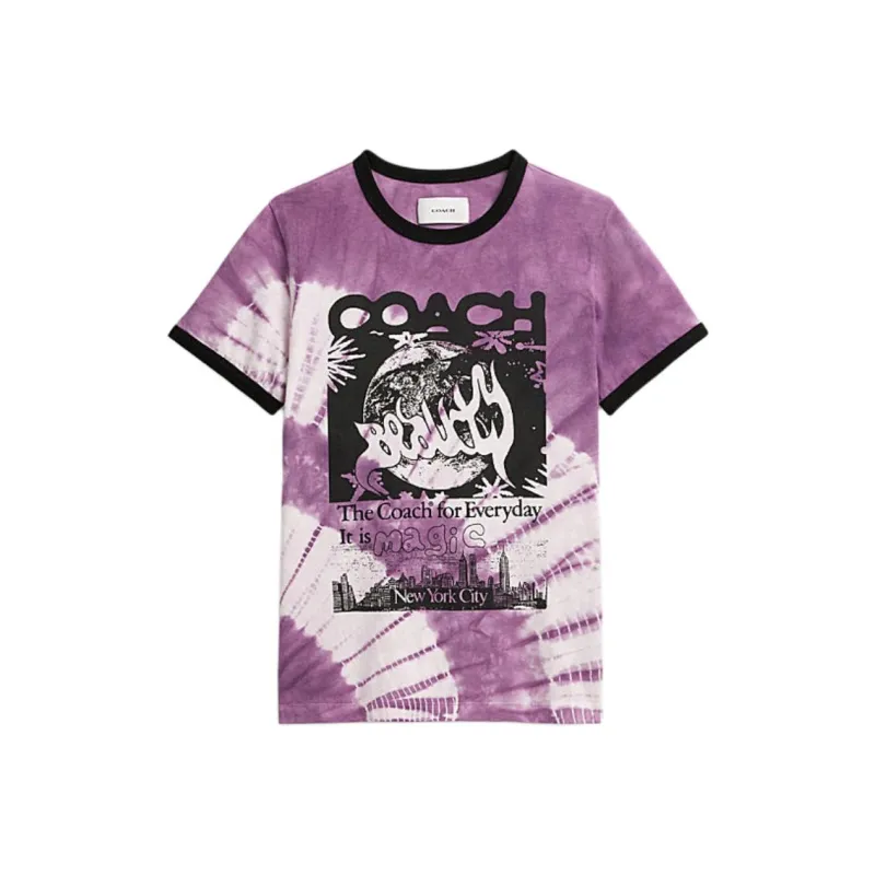 COACH Letter Print Crew Neck Short Sleeved T Shirt T Shirt Women's Purple-0