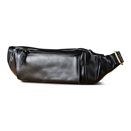 Simple&nature Vegetable Tanned Cow Leather Fanny Pack Unisex Black/Light Brown