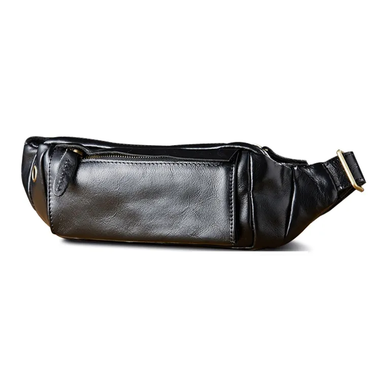 Simple&nature Vegetable Tanned Cow Leather Fanny Pack Unisex Black/Light Brown-0