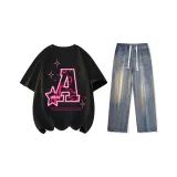 Clothing Set (Black Short-Sleeved Shirt+Nostalgic Blue Jeans)