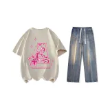 Set (Khaki Short-Sleeved+Nostalgic Blue Jeans)