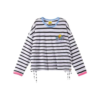 B.Duck Drop Shoulder Sleeve T Shirt Women's Black White Stripes