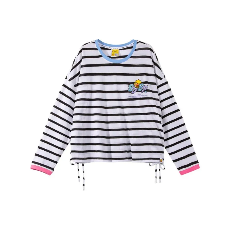 B.Duck Drop Shoulder Sleeve T Shirt Women's Black White Stripes-0