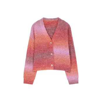 ELF SACK Effortless Style Multicolor Plush Gradient V Neck Sweater Cardigan Women's