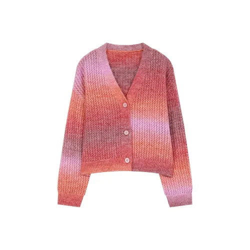 ELF SACK Effortless Style Multicolor Plush Gradient V Neck Sweater Cardigan Women's