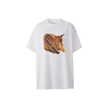 Burberry Deer Print Crew Neck Casual Short Sleeved T Shirt T Shirt Women's White