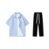 Clothing Set (Light Blue Short-Sleeved Shirt+Black Casual Pants)
