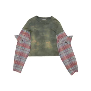 Acne Studios Patchwork Plaid Crew Neck Long-Sleeved T-Shirt Women's Turquoise