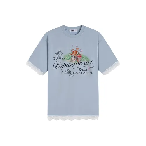 POPWAVE Drop Shoulder Sleeve T Shirt Women
s Blue House Lace