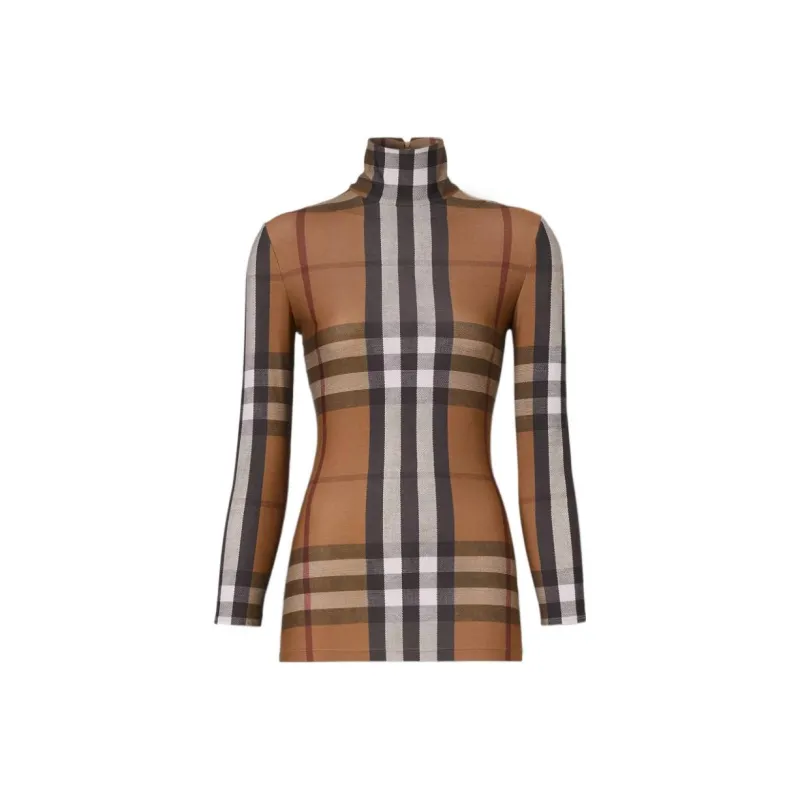 Burberry FW22 Woman's Stretch Jersey With Tartan Motif Top Brown-0