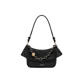 LOEWE Raffia Patchwork Calfskin Handbag Medium Size Women's Black