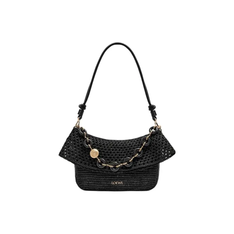 LOEWE Raffia Patchwork Calfskin Handbag Medium Size Women's Black-0