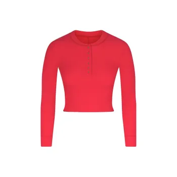 SKIMS FW23 COTTON RIB LONG SLEEVE CROP HENLEY Crop Tops Women's RED MULTI/Red