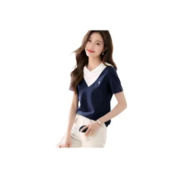 Mo Han Yi Mei Regular T Shirt Women's Navy Blue & White