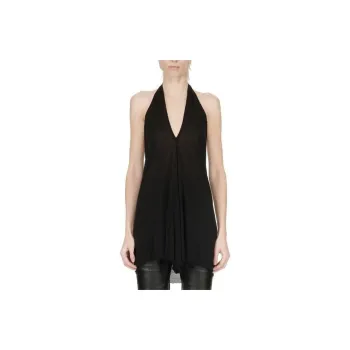 RICK OWENS/RO Lido V Neck Halter Viscose Silk Jersey T Shirt Women's Black