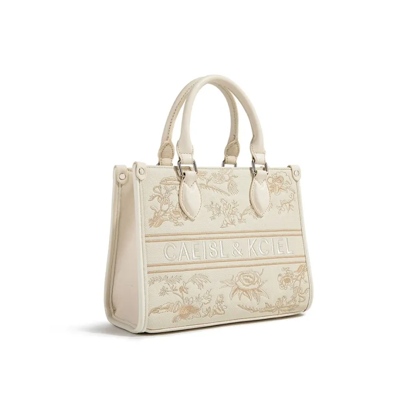 CAEISL&KCIEL Synthetic Leather Tote Handbag Women's White With Embroidery-2