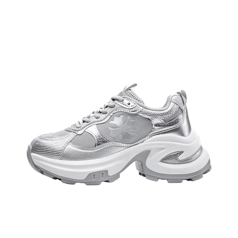 EXULL Q Slip Resistant, Breathable, Lightweight, Height Increasing Low Top Chunky Sneakers Women's Silver-0