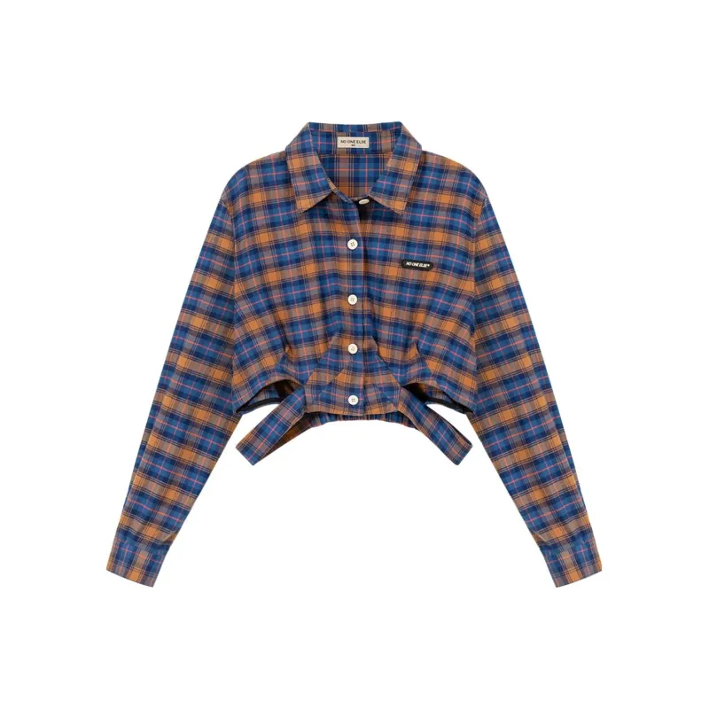 NO ONE ELSE Crop Tops Women's Blue Plaid-0