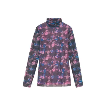 GANNI Sheer Mesh Turtleneck 'Daisy Spray Lilac Sachet'