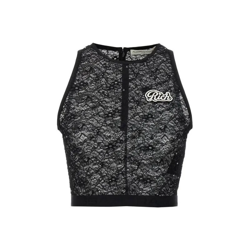 Alessandra Rich Sleeveless Cropped Laced Tank Top-0
