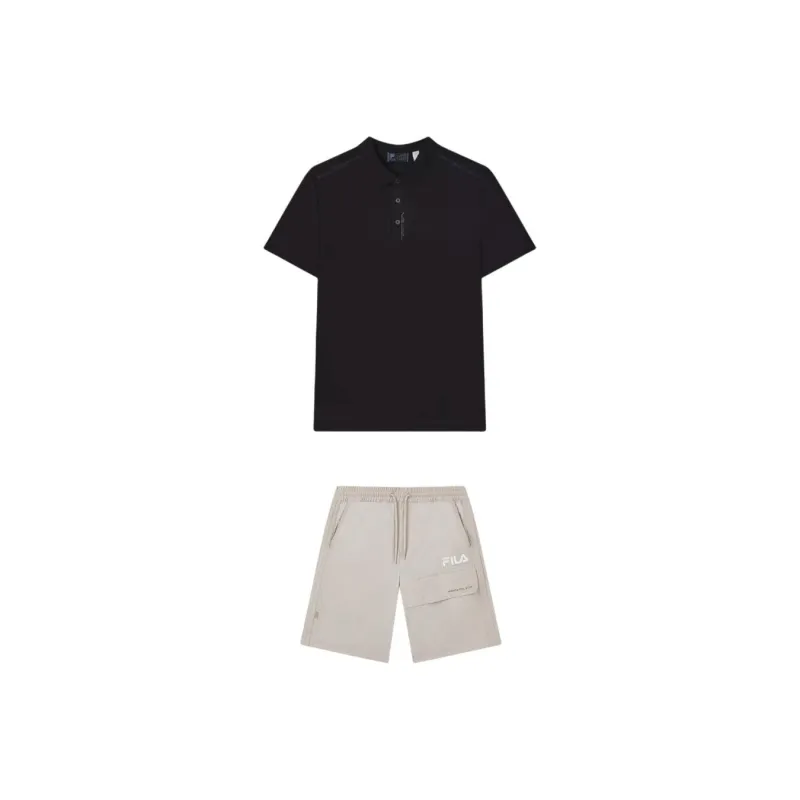 FILA Casual Sportswear Men Clothing Set Black Top+Sparrow Oat Shorts-0