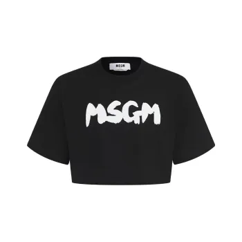 MSGM Logo Printed Crewneck Cropped T Shirt