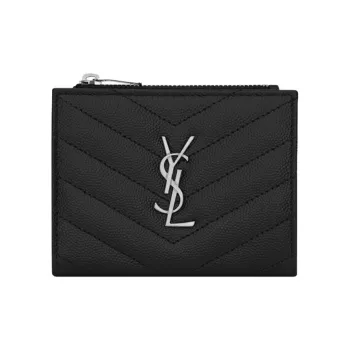SAINT LAURENT Monogram Quilted Grain Embossed Leather Double-Fold Card Holder Card Wallet Women's Black