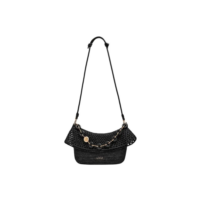 LOEWE Raffia Patchwork Calfskin Handbag Medium Size Women's Black-2