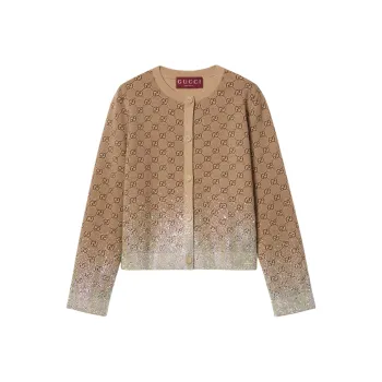 GUCCI Crystals Embroidered Wool Gg Jacquard Cardigan Beige/Dark Brown