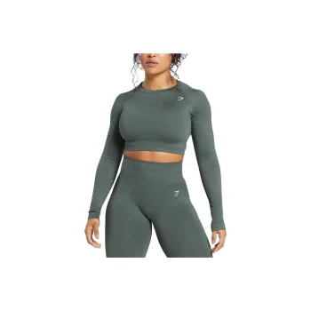 GYMSHARK ADAPT FLECK SEAMLESS LONG SLEEVE CROP TOP T-Shirt Women's Slate Cyan