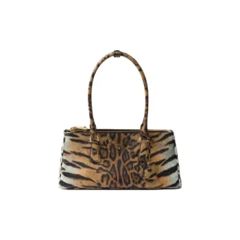 PRADA Cow Leather Shoulder Bag Medium Size Women's Beige & Black