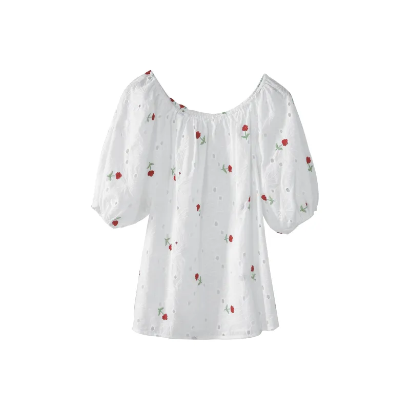 Fstudio Short-Sleeved Shirt Women's White Base With Red Flowers-0