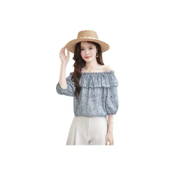 Cypress House Shirt Women's Light Blue Base With Gray Green Floral Pattern