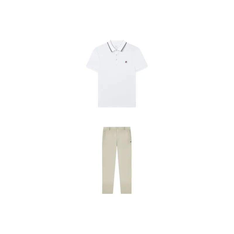 FILA Casual Sportswear Men Set Standard White Short Sleeved Shirt+Tunnel Gray Shorts-0