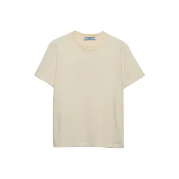PRADA Solid Color Rear Logo Badge Crew Neck Short Sleeved T Shirt Women's Vanilla