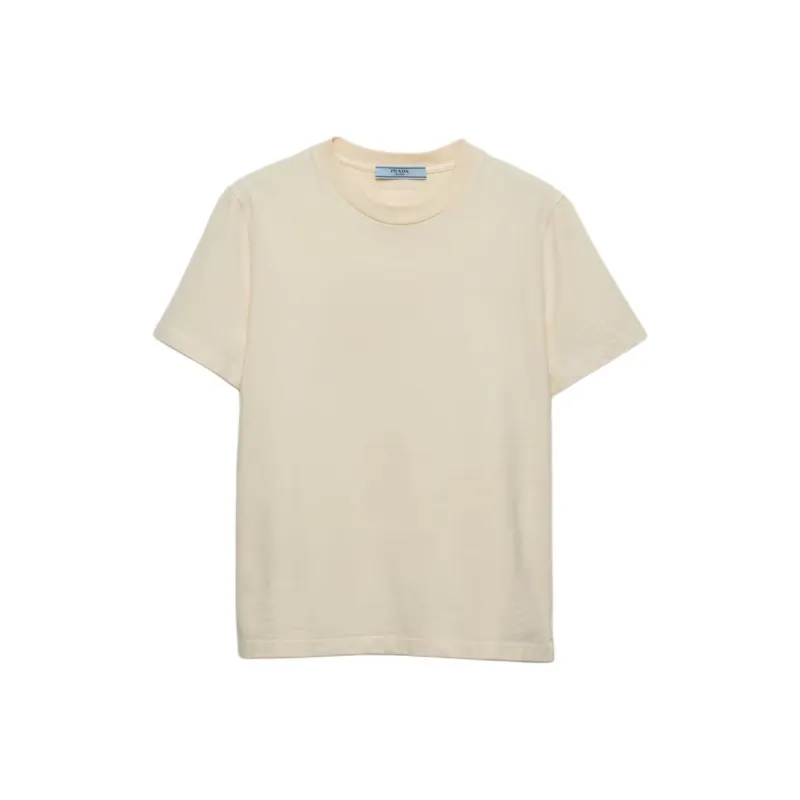 PRADA Solid Color Rear Logo Badge Crew Neck Short Sleeved T Shirt Women's Vanilla-0