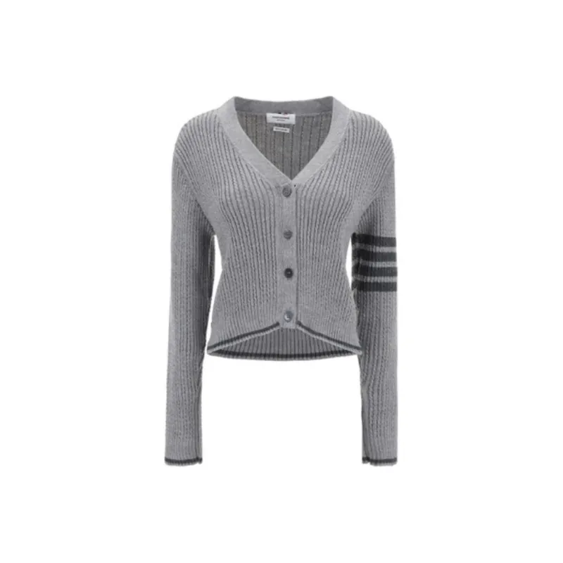 THOM BROWNE V Neck Cropped Cable Knitted Cardigan-0