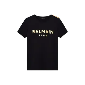 BALMAIN Logo T Shirt With Embossed Buttons 'White/Black'