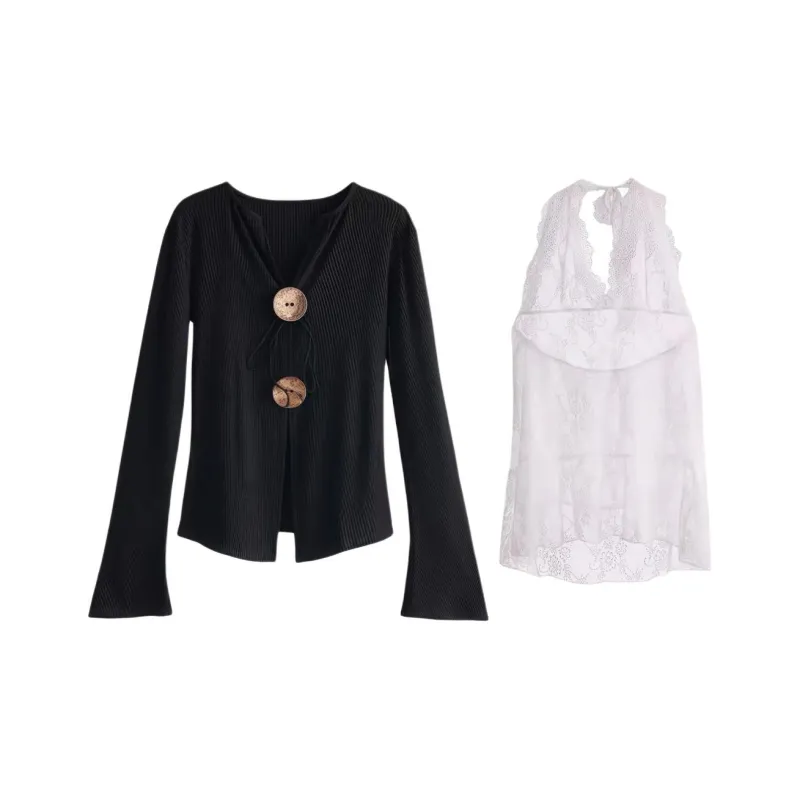 DOKZB Regular T Shirt Women's Black Top+White Lace-0