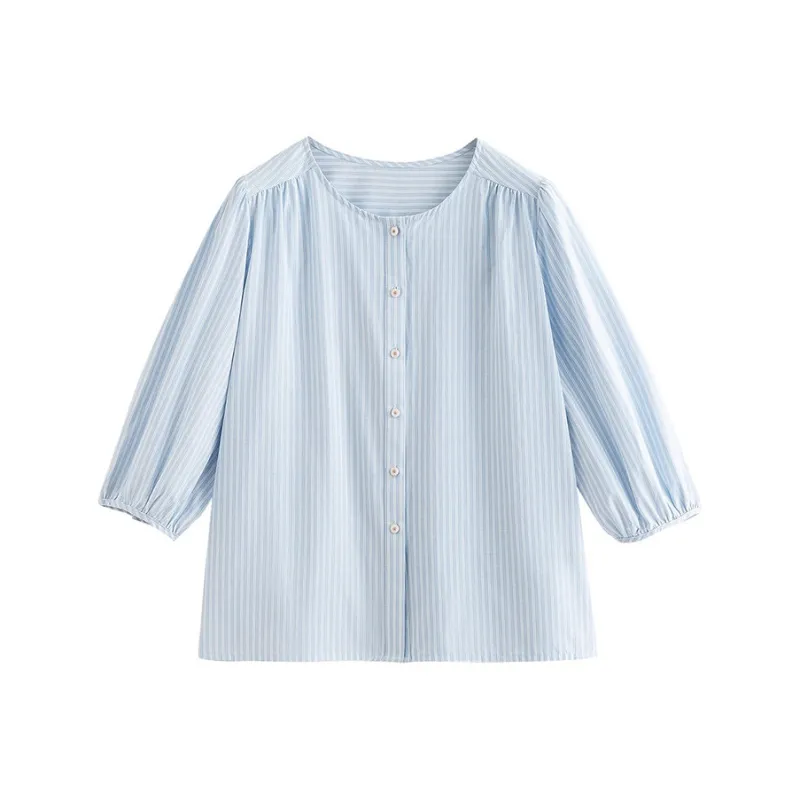 Initial Language Shirt Women's Blue White Stripes-0