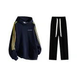 Clothing Sets (Navy Blue Fleece-Lined Hoodies & Sweatshirts Q6810+Black Fleece-Lined Casual Pants)