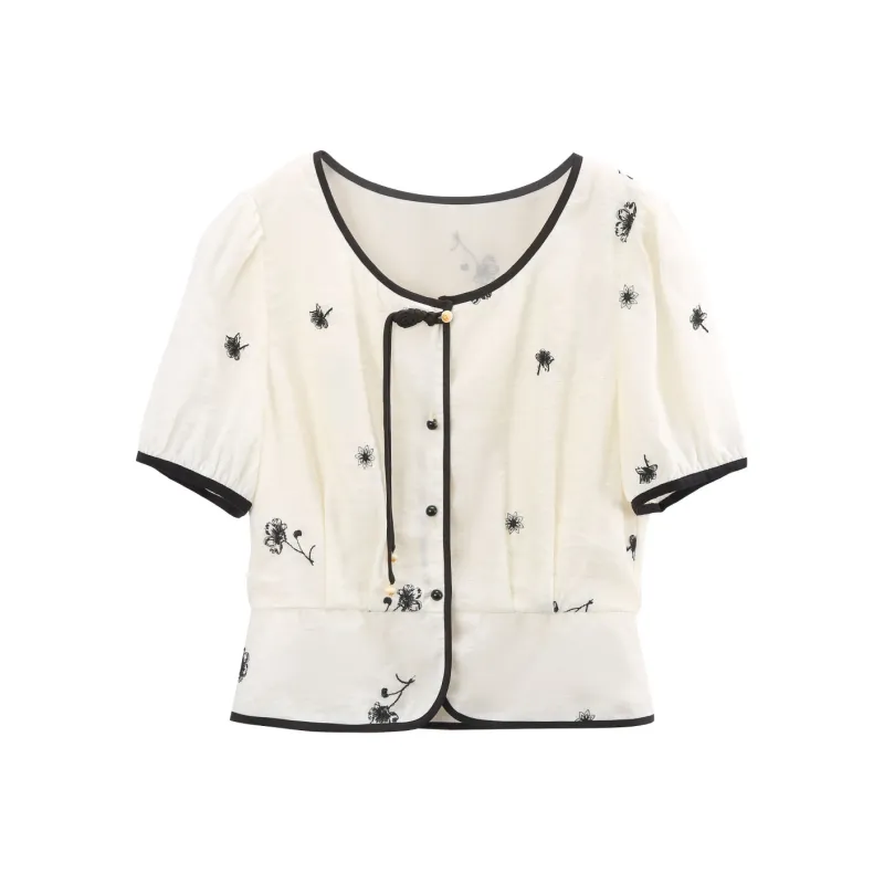 A Paradise For Awakening Shirt Women's Beige Base With Black Flowers-0