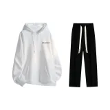 Fleece-Lined Clothing Set (White Fleece-Lined Sweatshirt+Black Fleece-Lined Casual Pants)