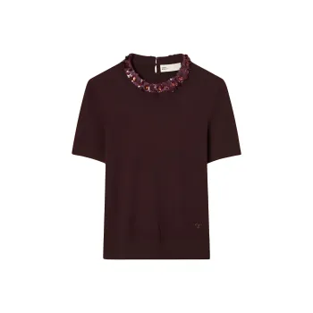 TORY BURCH Embroidered neckline T shirt