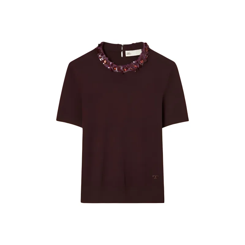 TORY BURCH Embroidered neckline T shirt-0