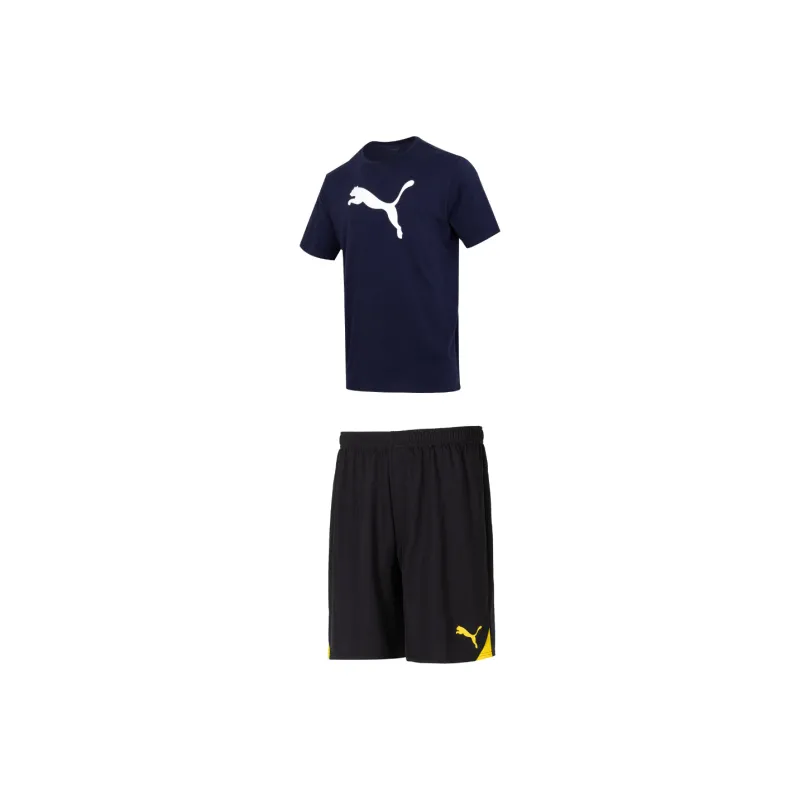 PUMA Casual Sportswear Men Set Blue Short Sleeved Shirt+Black Yellow Shorts-0