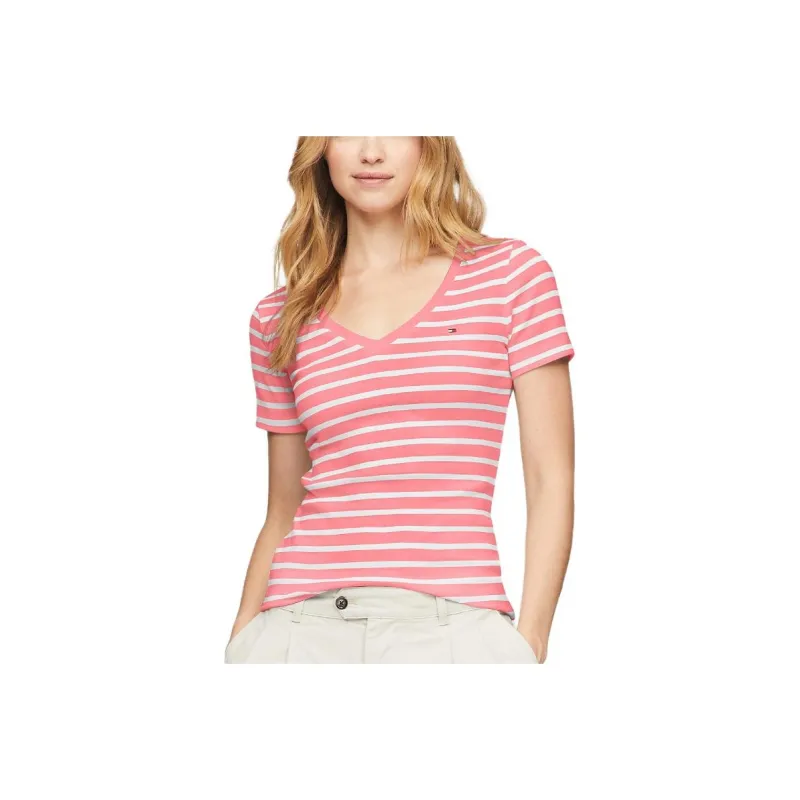 Tommy Hilfiger T Shirt Women's Rose Red & White Stripes-0