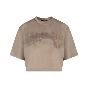 BALMAIN Eco Responsible Cropped Cotton T Shirt With Logo Print 'Molt/Sand'